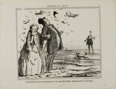 Nackdelen med att skjuta på unga rapphöns med de nya explosiva kulorna från Devisme, plansch 17 från Émotions De Chasse av Honoré Victorin Daumier