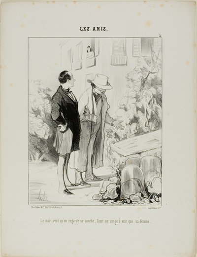 Mannen vill att han ska titta på hans heta säng, vännen drömmer bara om att se sin fru, plansch 3 från Les Amisa av Honoré Victorin Daumier