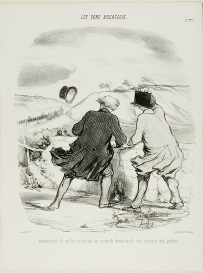 Obehaget med att lämna tåget, även om det bara är för ett ögonblick och under vilken förevändning som helst, plansch 29 från Les Bons Bourgeois av Honoré Victorin Daumier