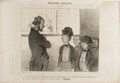 Eleverna på institutet Pascareau provar sin nya skoluniform som får dem att se ut lite som den store Napoleon och mycket som små tidningspojkar, plansch 25 från Professeurs Et Moutards av Honoré Victorin Daumier