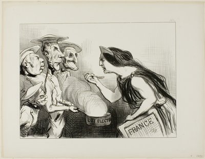För många kockar förstör buljongen. "- Det här smakar verkligen som dålig matlagning", platta 142 från Actualités av Honoré Victorin Daumier