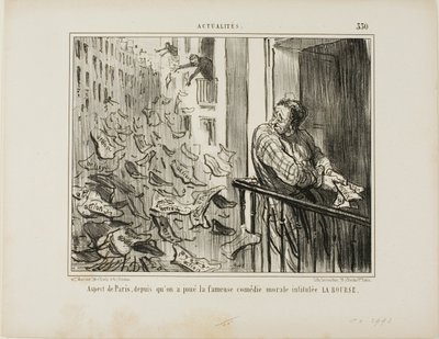 Vy tagen över Paris gator efter föreställningen av den berömda moralistiska komedin "La Bourse", plansch 330 från Actualités av Honoré Victorin Daumier