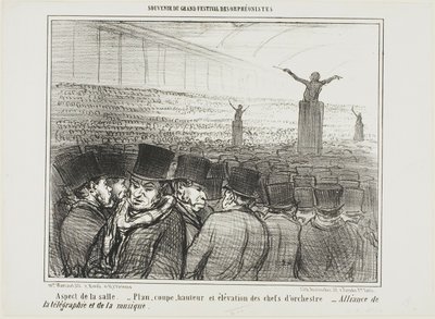 Vy över den stora salen. Karta, höjd och vy framifrån av dirigenten. Den stora alliansen mellan telegraf och musik, plansch 1 från Souvenir Du Grand Festival Des Orphéonistes av Honoré Victorin Daumier