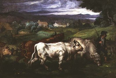 Nötkreatur och en förare i ett landskap av Honore (circle of) Daumier