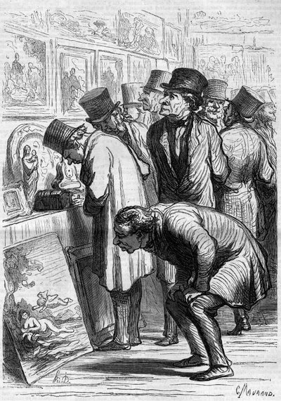 Ett rum på Hotel Drouot, en utställningsdag. Tecknad av Honore Daumier (1808-1879). Gravyr i "" Le Monde Illustré"" nr 265 av 10 maj 1862. av Honoré Daumier
