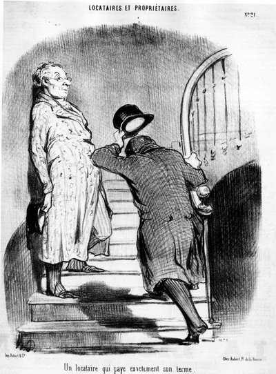 En hyresgäst som betalar exakt sin mandatperiod, hämtad från "" Tenants et Owners"", tecknad serie av Honore Daumier (1808-1879). “Charivari” av Honoré Daumier