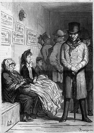 En omnibus väntande skrivbord. Tecknad av Honore Daumier (1808-1879). Gravyr i "" Le Monde Illustré"" nr 257 av 15 mars 1862. av Honoré Daumier
