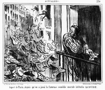 Uppträdande av Paris, sedan den berömda moraliska komedin med titeln LA Bourse: serien hämtad från "" Actualites", en serie karikatyrer på Honore Daumiers börs (1808-1879). “Charivari” av Honoré Daumier