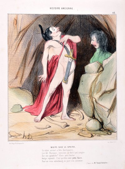 Konstverk av Honore Daumier (1808-1879). Forntida historia Oidipus i sfinxen. BIBLIOTEKET I ALCAZAR, MARSEILLE av Honoré Daumier