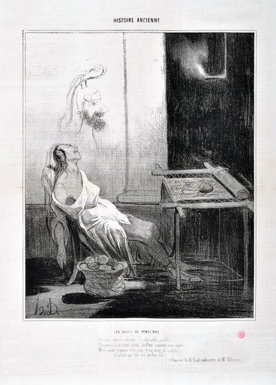 Konstverk av Honore Daumier (1808-1879) Charivari härstammar från 1842: Serie HISTORIE ANCIE Les Nuits de Penelope “” Från hennes frånvarande förtjusande profil lyste Forever med sina söta ögon som en stjärna Syfte att väva tre år och hennes list och hans  av Honoré Daumier