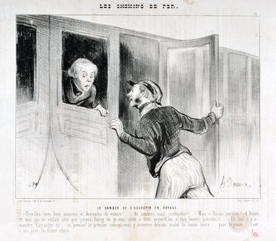 Konstverk av Honore Daumier (1808-1879). Charivari är från 1843: Serie LES RAILWAYS Faran att somna på en resa "" -Vakna upp Sir och gå av bilen! - Vart kör vi? - Men Rouen parbleu! – I Rouen och jag som bara ville åka till Poiss av Honoré Daumier