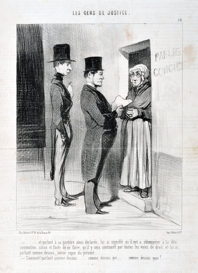 Konstverk av Honore Daumier (1808-1879). Charivari härstammar från 1845: Serie LES PEANS DE JUSTICE “” -... och talade vid hans dörröppning så förklarat, har betytt för honom att han var tvungen att lyda nämnda summering, annars och underlåta att göra så a av Honoré Daumier