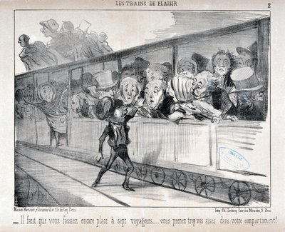 Konstverk av Honore Daumier (1808-1879). Charivari är från 1852: Serie LES TRAINS DE PLEASURE - Du måste göra plats för sju passagerare... du är för bekväm i din kupé! MUSEET FÖR FINA KONST - PALACE LONGCHAMP, MARSEILLE av Honoré Daumier