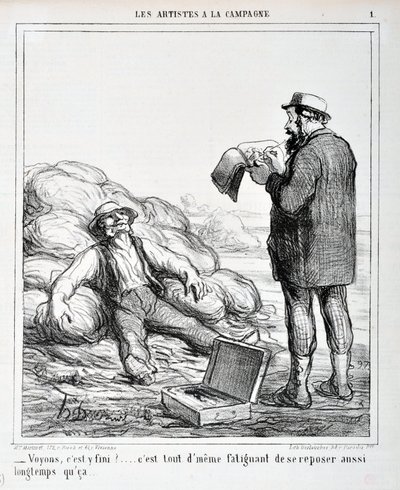 Konstverk av Honore Daumier (1808-1879). Charivari är från 1865: Serie LES ARTISTS IN THE CAMPAGNE “” - Låt oss se, är det över?... Det är fortfarande tröttsamt att vila så länge det...” MUSEET FÖR FINA KONST - PALACE LONGCHAMP, MARSEILLE av Honoré Daumier