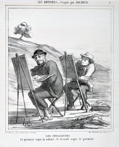 Konstverk av Honore Daumier (1808-1879). Charivari är från 1865: Serie LES ARTISTS Les paysagistes. "Den första kopierar naturen, den andra kopierar den första"" MUSEET FÖR SKÖNHETSKONST - PALAIS LONGCHAMP, MARSEILLE av Honoré Daumier