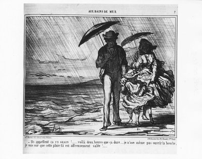 Vid havsbaden: Parisare vid havet i hällande regn - av Daumier, i "" Charivari"" av 1859-09-19. av Honoré Daumier