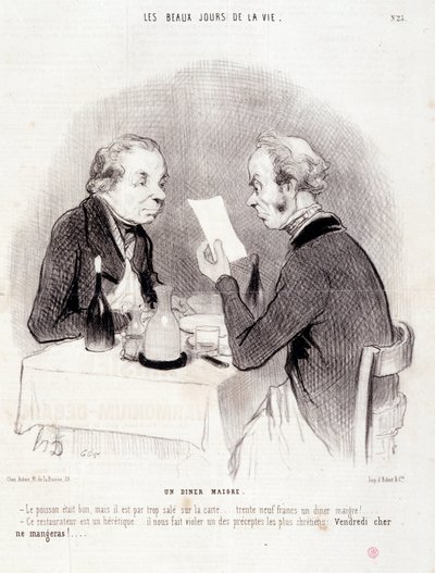 Tecknad film om kära liv. Serien "" The Beautiful Days of Life"": En mager middag..." Gravyr av Honore DAUMIER (1808-1879). Utdrag ur tidningen "" Le Charivari"" den 18 oktober av Honoré Daumier