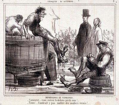 Tecknad film om skördare som trampar på barfota druvor, från serien "Autumn Sketch" av Honoré Daumier