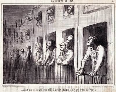 Tecknad film om vetenskap. Serie Sur “” la Comete de 1857””: “” Aspekt som redan börjar ha varje natt på Paris gator””. Gravyr av Honore DAUMIER (1808-1879). Utdrag ur tidningen "" Le Charivari"". Mått 38x25cm. Inv D - box 7 Marseille, av Honoré Daumier