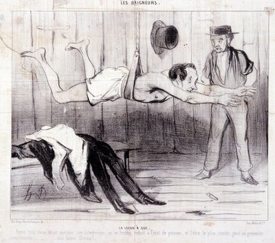 Tecknad film om turister på semester. Serien "" Les Baigneurs"": "" La lecon a dry""". Serien "" Les Baigneurs"": "" La lecon a dry""". Gravyr av Honore DAUMIER (1808-1879). Utdrag ur tidningen "" Le Charivari"". Dim 25x36cm box 12 Marseille, Musee av Honoré Daumier
