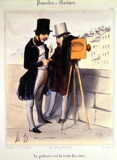 Tecknad serie som förlöjligar hur lång tid det tar att ta ett daguerrotypifoto, ca 1840 (lito i färg) av Honoré Daumier