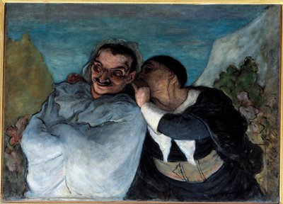 Crispin och Scapin säger också Scapin och Silvestre. De två karaktärerna i Molieres pjäs "Les fourberies de Scapin"" får förtroende i deras öra. Målning av Honore Daumier (1808-1879). 1864 Sön. 0,60 x 0,82 m Paris Musee d