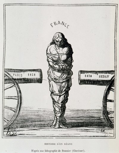 History of a Regne: Frankrike i en tångrörelse mellan Paris 1851 och Sedan 1870 - litografi av Honore Daumier publicerad i "" Le Charivari"", sd. omkring 1871 av Honoré Daumier