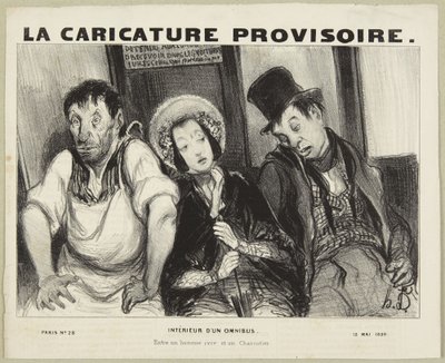 Interiör i en omnibus, ur serien "Parisiska typer" från La Caricature Provisoire av Honoré Daumier