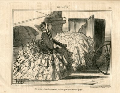 Le Charivari, satirisk i B & B, ca. 1855_5_11: Nyheter n* 190. Damer av en demi-monde men inte kjolar. - Mode, Transport, Crinolines - Illustration för kvinnor av Honore Daumier (1808-1879) av Honoré Daumier