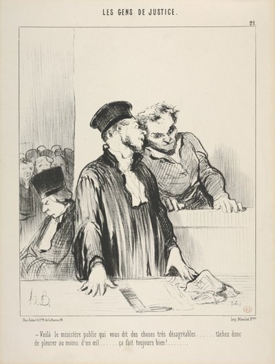 Rättvisans folk, plansch 21, "Där är åklagarmyndigheten som säger mycket obehagliga saker till er" av Honoré Daumier
