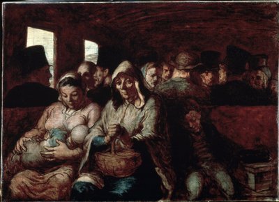 ""The Third Class Wagon"" (A Wagon of the Third Class) Två mammor av populärt socialt ursprung, i ett tåg med sina barn. Målning av Honore Daumier (1808-1879) 1862-1864 Museum of Fine Arts, Ottawa, Kanada av Honoré Daumier