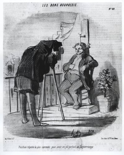 Les Bons Bourgeois - Den mest bekväma positionen för att ha ett fint porträtt i daguerreotypi, karikatyr av Daumier - i "" Charivari"" av 24/07/1847. av Honoré Daumier