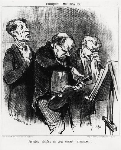 Musikaliska sketcher: obligatoriska förspel till alla amatörkonserter. Tre musiker strävar efter att lysa upp sina röster, stämma en fiol och blåsa näsan med prålig. Illustration d