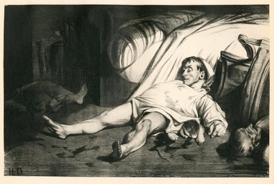 Etthundratjugo litografier av H. Daumier, Satirique i N & B, cirka 1834: Massacre de la rue Transnonain (Paris) - Republikan, döda lik, förtryck - Illustration av Honore Daumier (1808-1879) av Honoré Daumier