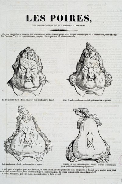 Päron: Karikatyr som representerar en metamorfos av Louis Philippes ansikte i päron. Teckning av Honore Daumier (1808-1879) efter originalteckningen av Charles Philippon (1806-1862) "" La Caricature"", januari 1832 Paris, Musee Carnavalet av Honoré Daumier