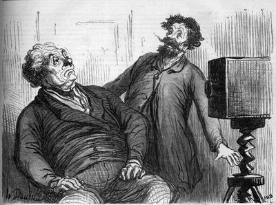 Fotografer och fotografier. Tecknad av Honore Daumier (1808-1879). Gravyr i "" Le Monde Illustré"" nr 259 av 29 mars 1862. av Honoré Daumier
