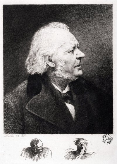 Porträtt av Honore Daumier (1808-1879), fransk gravör, målare och skulptör. Gravyr av son Boulard av Honoré Daumier