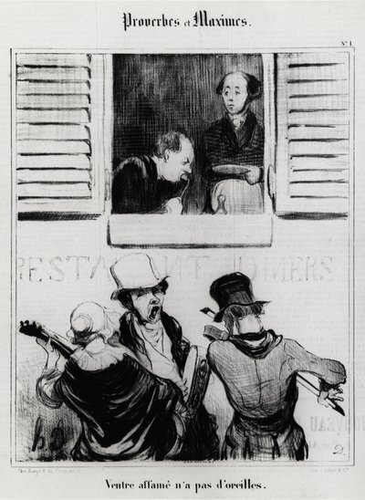 Ordspråk och maxim: hungrig mage har inga öron. Illustration av Honore Daumier (1808-1879). Karikatyr 1800-tal, Musee Carnavalet, Paris. av Honoré Daumier
