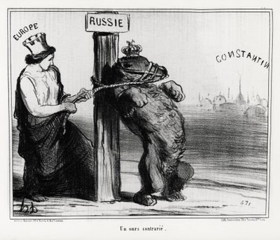 Ryssland: en björn som är upprörd (av Europa). I mars 1854 bildade Frankrike och England en allians med Turkiet mot Ryssland Illustration av Honore Daumier (1808-1879), publicerad i nyheterna "Charivari". av Honoré Daumier