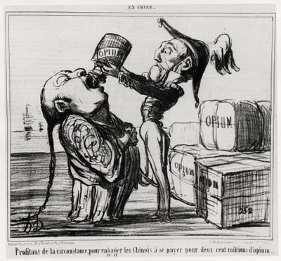 Andra opiumkriget (1856-1860): 1858 gick den kinesiska regeringen med på att legalisera handeln med opium. "" Att dra fördel av omständigheten att engagera kineserna att betala för tvåhundra miljoner opium"", i serien En Chine, illustration av Honore Daumi av Honoré Daumier