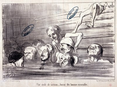 Serien "" Les Bains de Mer"": "" Vattenskiss. En simskola, en pool av rimliga män.” Gravyr av Honore DAUMIER (1808-1879). Utdrag ur tidningen "" Le Charivari"" av Honoré Daumier