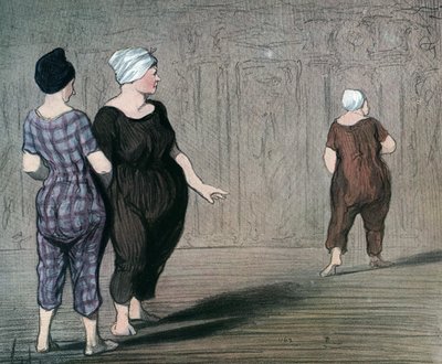 Serien "" Les batheuses"" två kvinnor i baddräkt undersöker skärningen av en annan, karikatyr av Honore Daumier (1808-1879) 1844 (Badarna: två damer i baddräkt, tittar upp och ner i midjan på en annan) Privat samling av Honoré Daumier