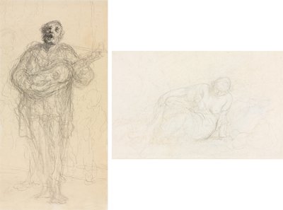 Sjungande gitarrist (rekto); Liggande kvinna lutad på sin arm (verso) av Honoré Daumier