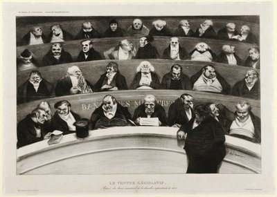 The Legislative Belly: Utsikt över ministerbänkarna i Impromptu-kammaren 1834 (litografi) av Honoré Daumier