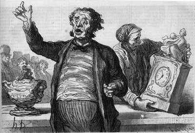Auktionsförrättarnas hotell: den offentliga roparen. Tecknad av Honore Daumier (1808-1879). Gravyr i "" Le Monde Illustré"" nr 551 den 2 januari av Honoré Daumier