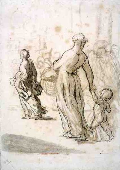 Two Women and a Child, ca 1848-50 (krita, kol och gouache på antikt papper) av Honoré Daumier