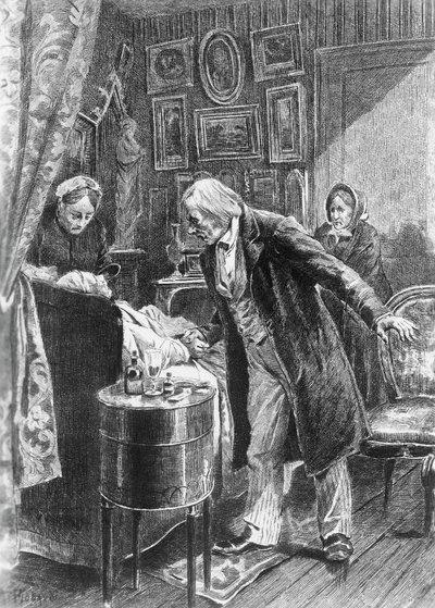 Illustration av Alcide Theophile Robaudi (aktiv 1874-1884) för kusin Pons, roman av Honore de Balzac (1799-1850) från samlingen i flera volymer med titeln Human Comedy, publicerad 1900, Paris av Honore de Balzac