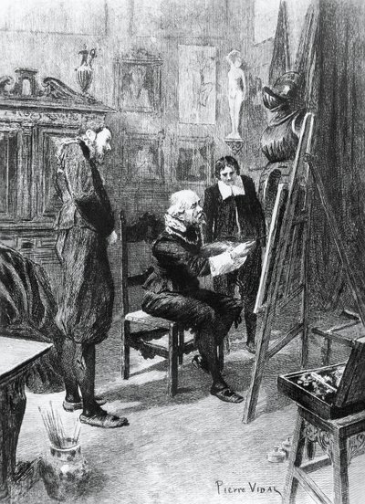 Illustration av Pierre Vidal (1849-1929) för Okänt mästerverk, novell av Honore de Balzac (1799-1850) från samlingen i flera volymer med titeln Human Comedy, publicerad 1901, Paris av Honore de Balzac