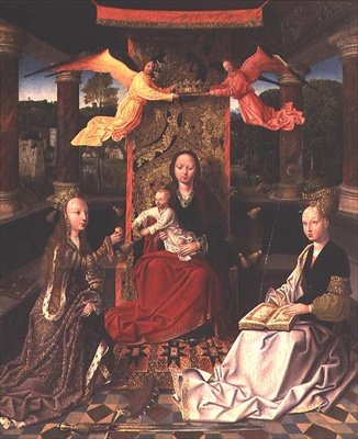 Madonna Enthroned with St. Catherine and St. Barbara (olja på duk) av Hoogstraeten Master