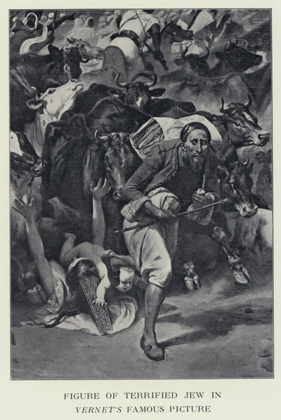 Figur av skräckslagen jude i Vernets berömda bild - förmodligen en skildring av baron James Rothschild (s/v foto) av Horace (after) Vernet